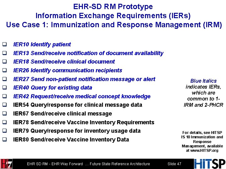 EHR-SD RM Prototype Information Exchange Requirements (IERs) Use Case 1: Immunization and Response Management