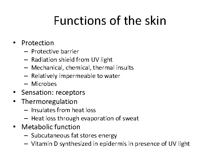Functions of the skin • Protection – – – Protective barrier Radiation shield from