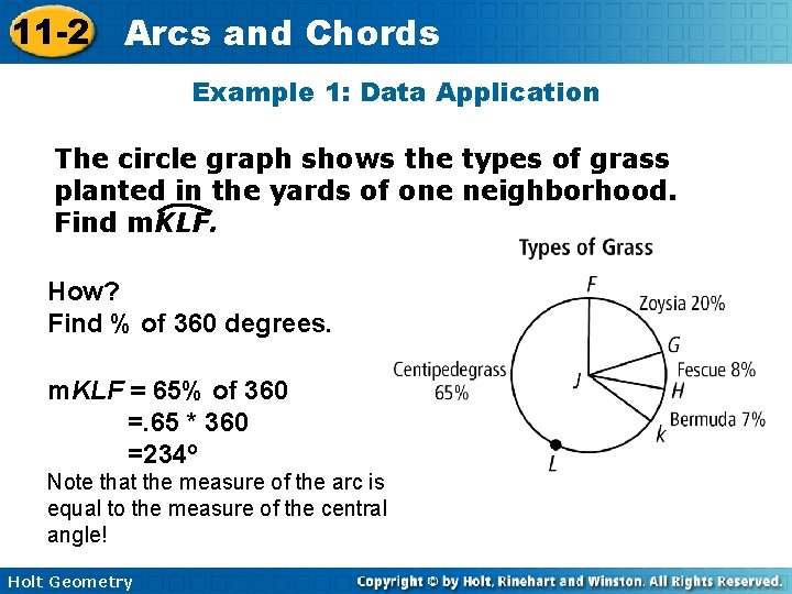 11 -2 Arcs and Chords Example 1: Data Application The circle graph shows the