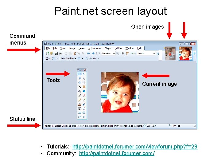 Paint. net screen layout Open images Command menus Tools Current image Status line •