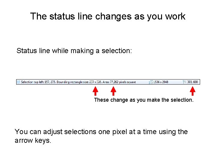 The status line changes as you work Status line while making a selection: These