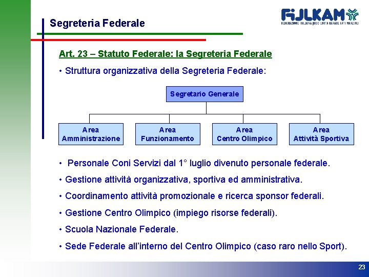 Segreteria Federale Art. 23 – Statuto Federale: la Segreteria Federale • Struttura organizzativa della