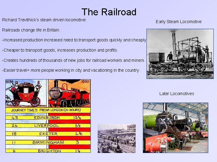 The Railroad Richard Trevithick’s steam driven locomotive: Early Steam Locomotive Railroads change life in