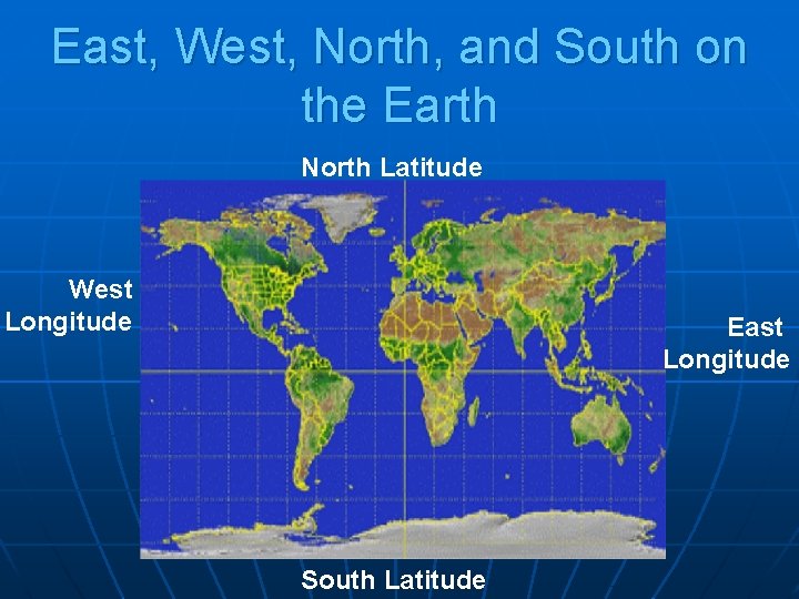 East, West, North, and South on the Earth North Latitude West Longitude East Longitude