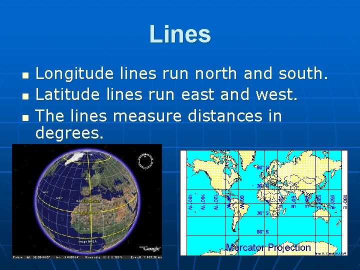 Lines n n n Longitude lines run north and south. Latitude lines run east