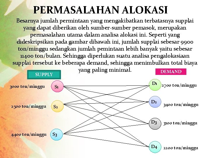 PERMASALAHAN ALOKASI Besarnya jumlah permintaan yang mengakibatkan terbatasnya supplai yang dapat diberikan oleh sumber-sumber