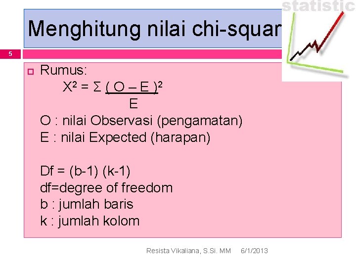 Menghitung nilai chi-square 5 Rumus: X 2 = Σ ( O – E )