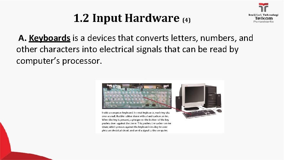 1. 2 Input Hardware (4) A. Keyboards is a devices that converts letters, numbers,