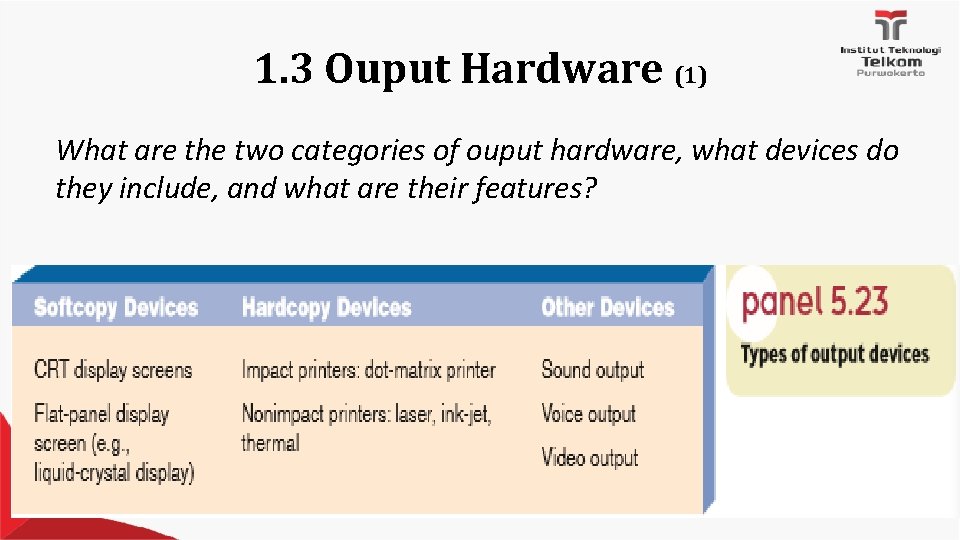 1. 3 Ouput Hardware (1) What are the two categories of ouput hardware, what