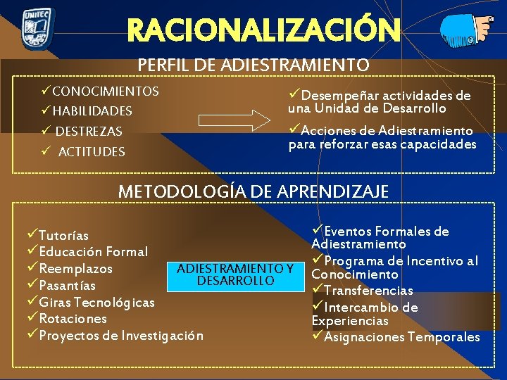 RACIONALIZACIÓN PERFIL DE ADIESTRAMIENTO üCONOCIMIENTOS üHABILIDADES ü DESTREZAS ü ACTITUDES üDesempeñar actividades de una