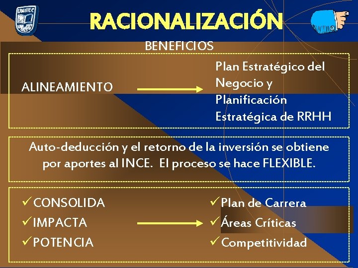 RACIONALIZACIÓN BENEFICIOS ALINEAMIENTO Plan Estratégico del Negocio y Planificación Estratégica de RRHH Auto-deducción y