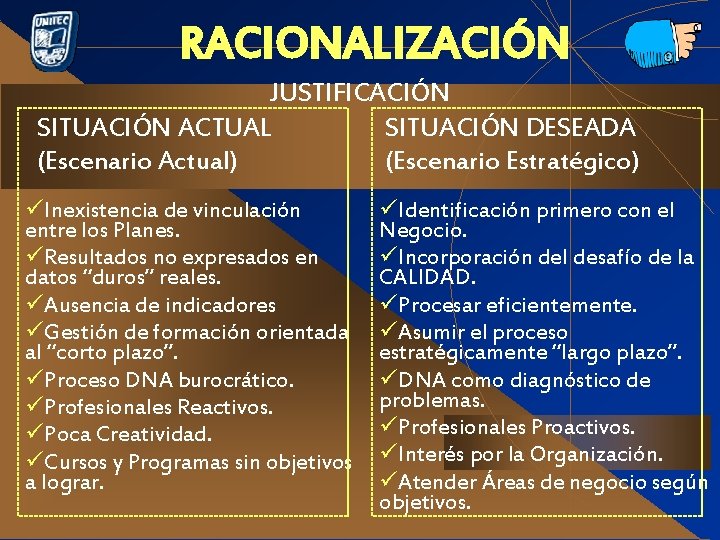 RACIONALIZACIÓN JUSTIFICACIÓN SITUACIÓN ACTUAL SITUACIÓN DESEADA (Escenario Actual) (Escenario Estratégico) üInexistencia de vinculación entre