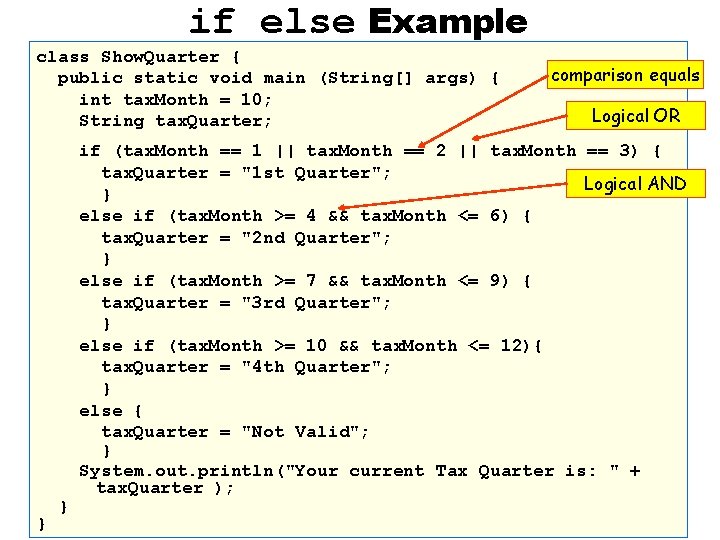 if else Example class Show. Quarter { public static void main (String[] args) {