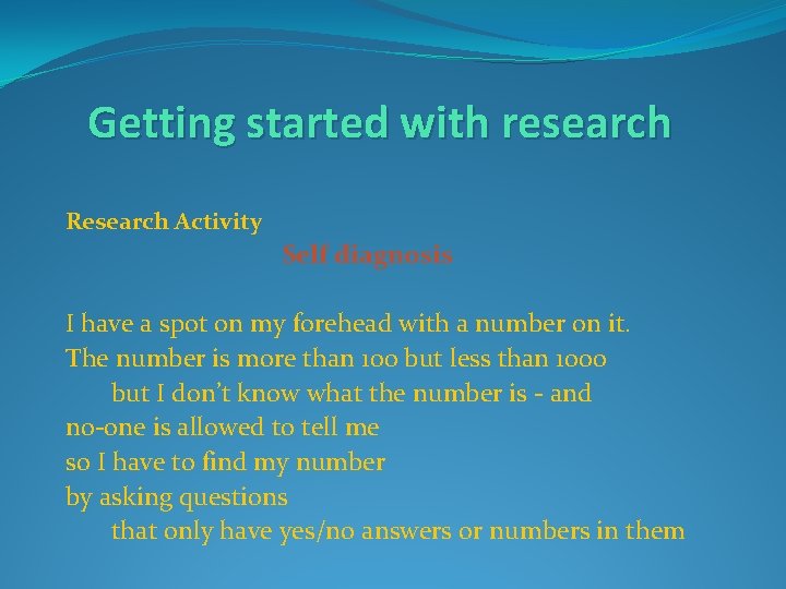 Getting started with research Research Activity Self diagnosis I have a spot on my