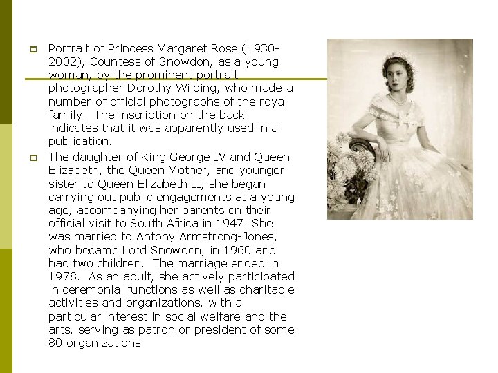p p Portrait of Princess Margaret Rose (19302002), Countess of Snowdon, as a young