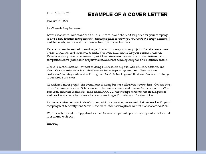 EXAMPLE OF A COVER LETTER 