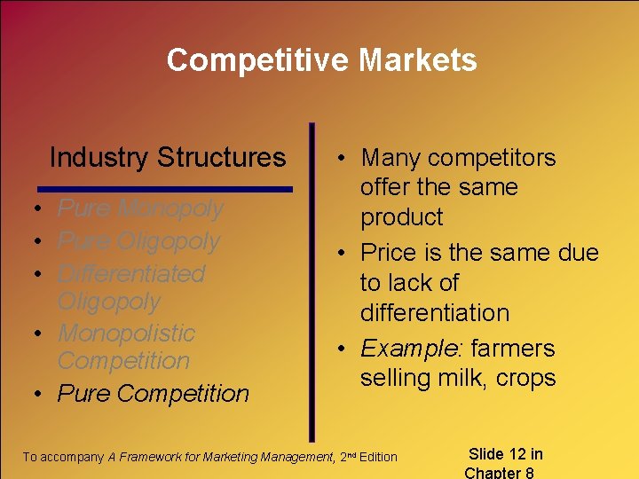 Competitive Markets Industry Structures • Pure Monopoly • Pure Oligopoly • Differentiated Oligopoly •