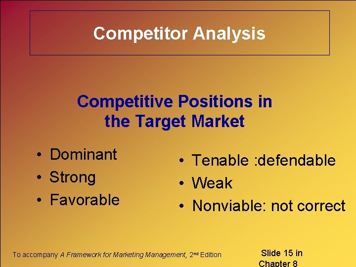 Competitor Analysis Competitive Positions in the Target Market • Dominant • Strong • Favorable