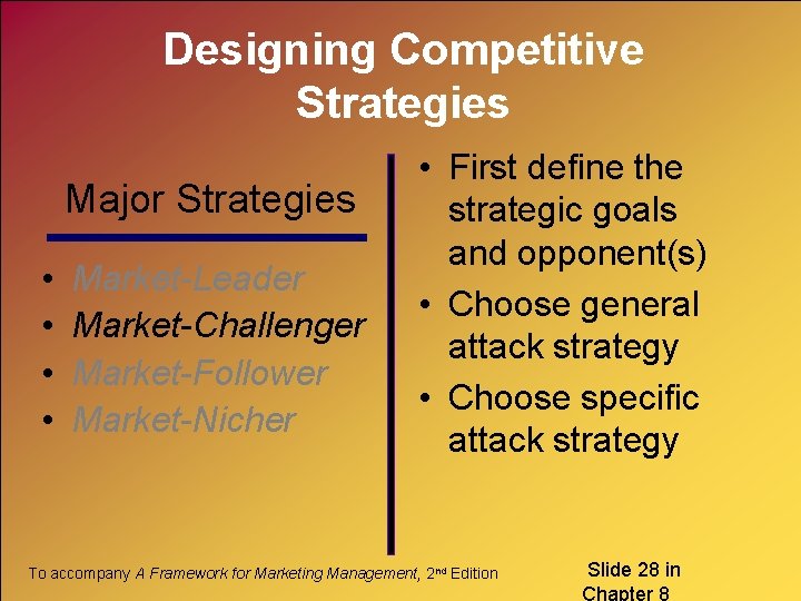 Designing Competitive Strategies Major Strategies • • Market-Leader Market-Challenger Market-Follower Market-Nicher • First define