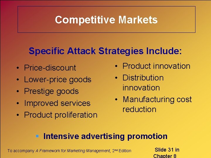 Competitive Markets Specific Attack Strategies Include: • • • Price-discount Lower-price goods Prestige goods