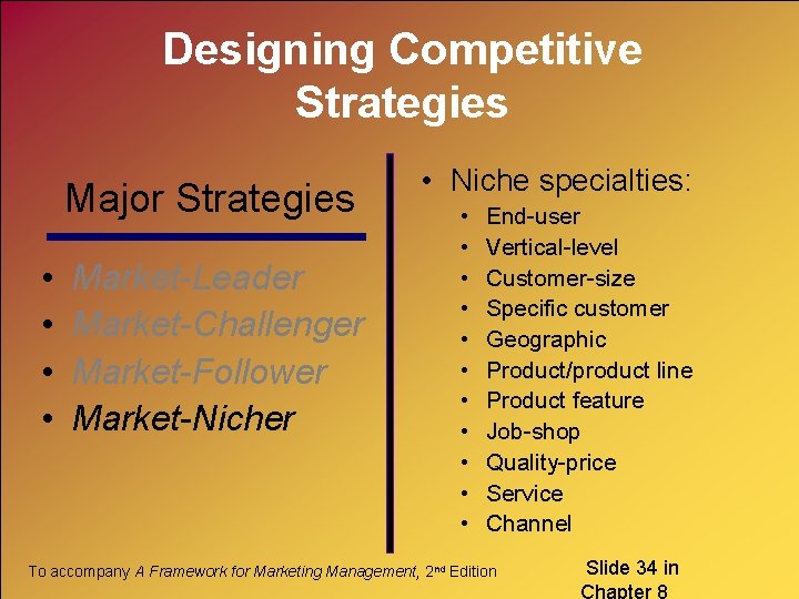 Designing Competitive Strategies Major Strategies • • Market-Leader Market-Challenger Market-Follower Market-Nicher • Niche specialties: