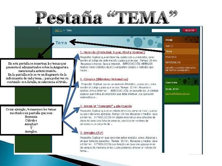 Pestaña “TEMA” En esta pestaña se muestran los temas que presenta el administrador sobre