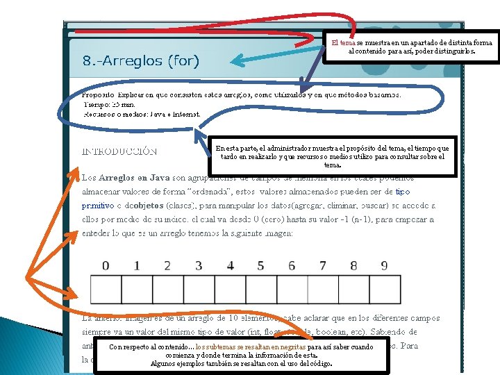 Estructura del tema El tema se muestra en un apartado de distinta forma al