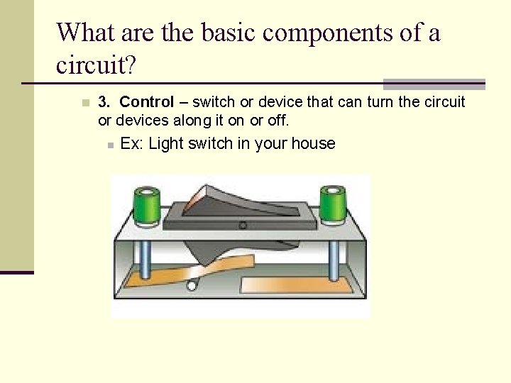 What are the basic components of a circuit? n 3. Control – switch or