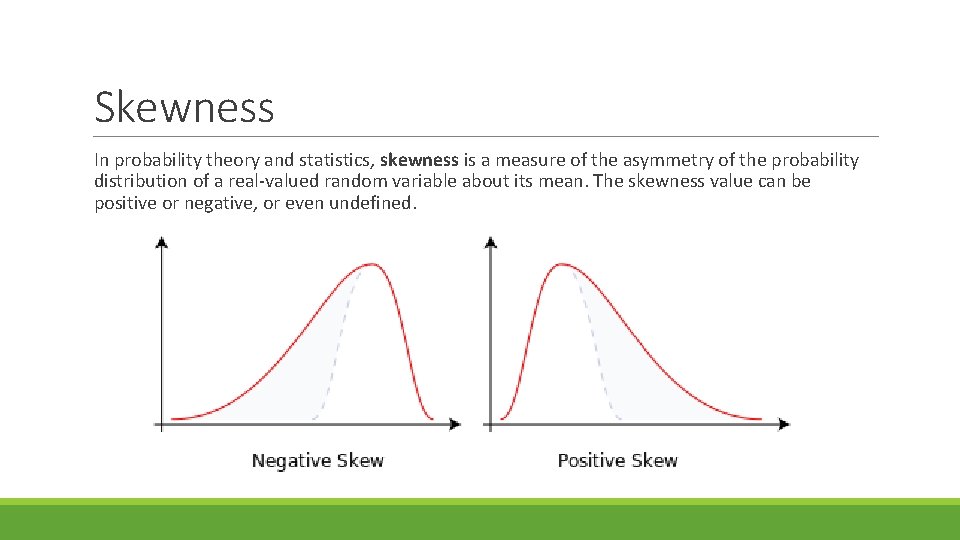 Skewness In probability theory and statistics, skewness is a measure of the asymmetry of