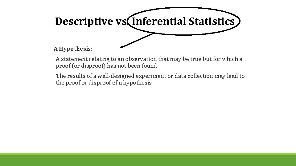 Descriptive vs. Inferential Statistics A Hypothesis: A statement relating to an observation that may