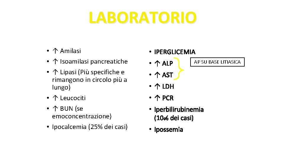 LABORATORIO • ↑ Amilasi • ↑ Isoamilasi pancreatiche • ↑ Lipasi (Più specifiche e