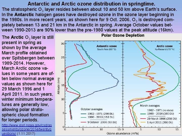 Antarctic and Arctic ozone distribution in springtime. The stratospheric O 3 layer resides between