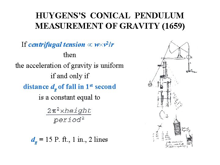 HUYGENS’S CONICAL PENDULUM MEASUREMENT OF GRAVITY (1659) If centrifugal tension w v 2/r then