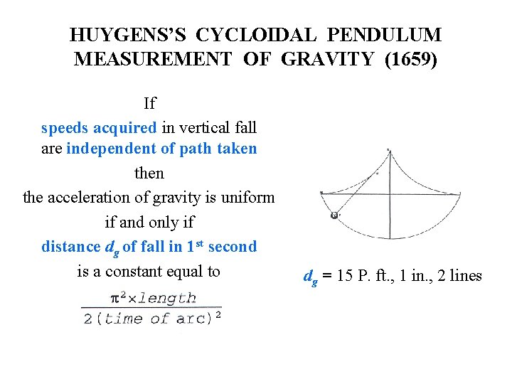 HUYGENS’S CYCLOIDAL PENDULUM MEASUREMENT OF GRAVITY (1659) If speeds acquired in vertical fall are