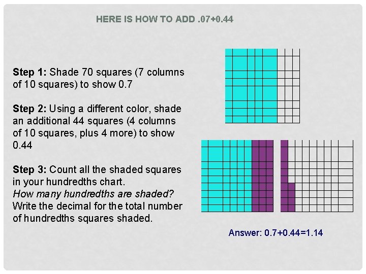 HERE IS HOW TO ADD. 07+0. 44 Step 1: Shade 70 squares (7 columns