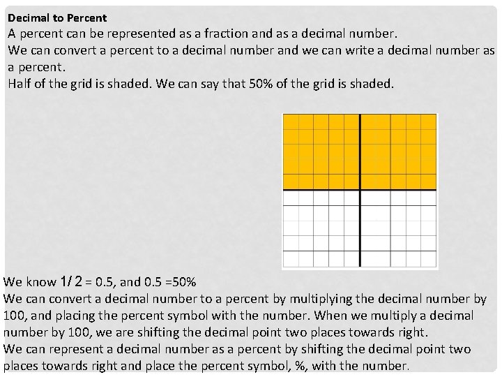 Decimal to Percent A percent can be represented as a fraction and as a