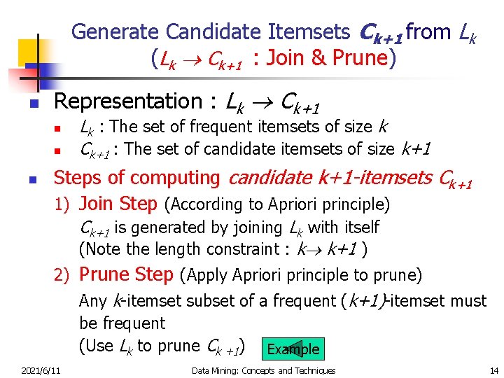 Generate Candidate Itemsets Ck+1 from Lk (Lk Ck+1 : Join & Prune) n Representation