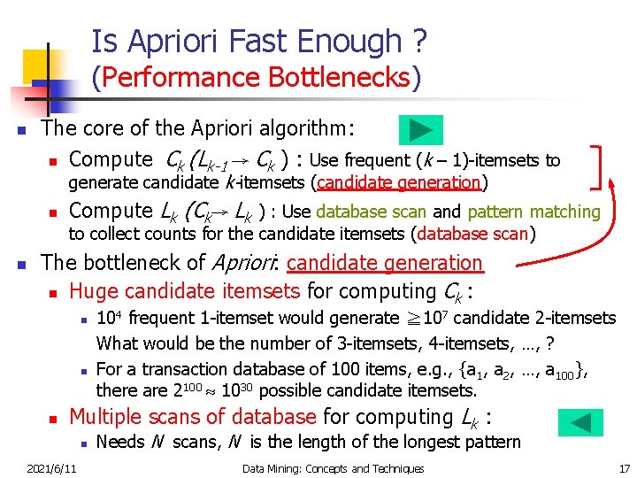 Is Apriori Fast Enough ? (Performance Bottlenecks) n The core of the Apriori algorithm: