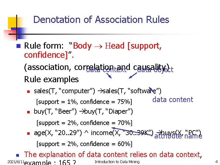 Denotation of Association Rules n Rule form: “Body ® Head [support, confidence]”. (association, correlation