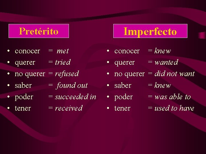 Imperfecto Pretérito • • • conocer querer no querer saber poder tener = met