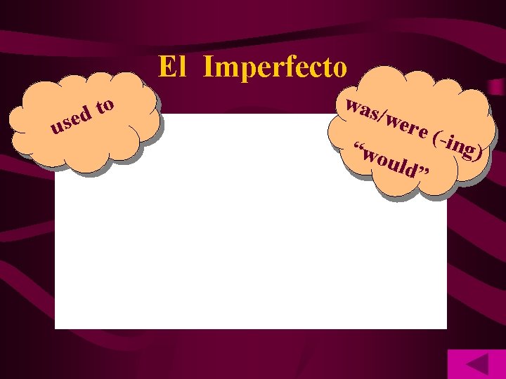 El Imperfecto use o t d was /we re ( -ing “wo ) uld”