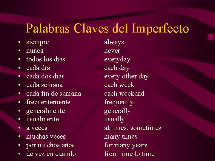 Palabras Claves del Imperfecto • • • • siempre nunca todos los días cada