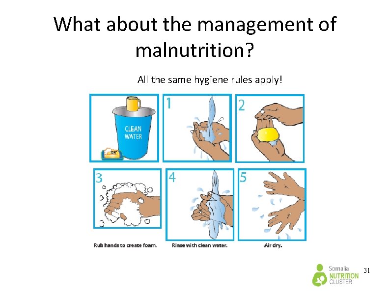 What about the management of malnutrition? All the same hygiene rules apply! 31 What about the management of malnutrition? All the same hygiene rules apply! 31