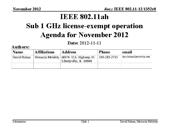 November 2012 doc. : IEEE 802. 11 -12/1352 r 0 IEEE 802. 11 ah