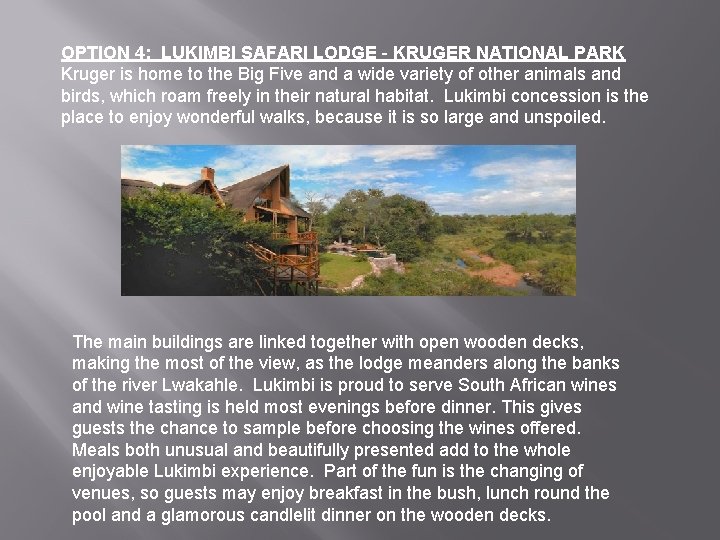 OPTION 4: LUKIMBI SAFARI LODGE - KRUGER NATIONAL PARK Kruger is home to the