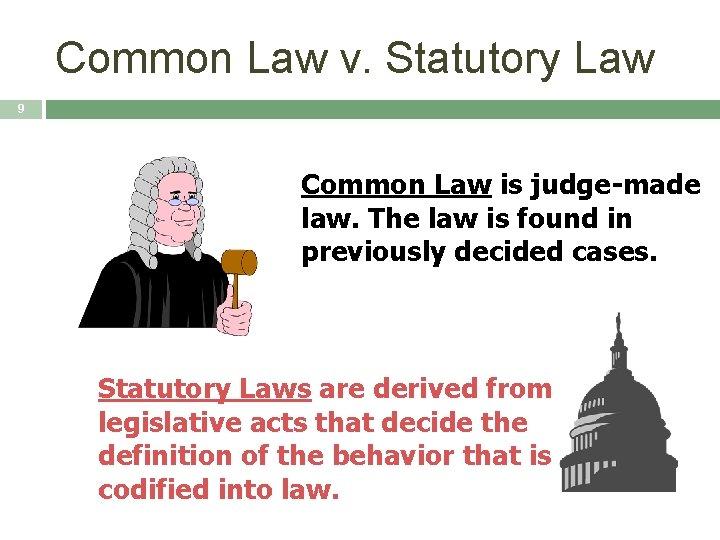 Common Law v. Statutory Law 9 Common Law is judge-made law. The law is