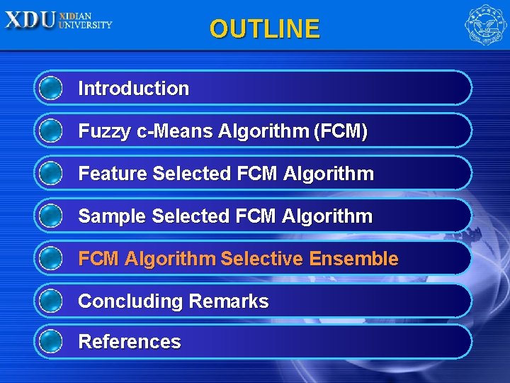 OUTLINE Introduction Fuzzy c-Means Algorithm (FCM) Feature Selected FCM Algorithm Sample Selected FCM Algorithm