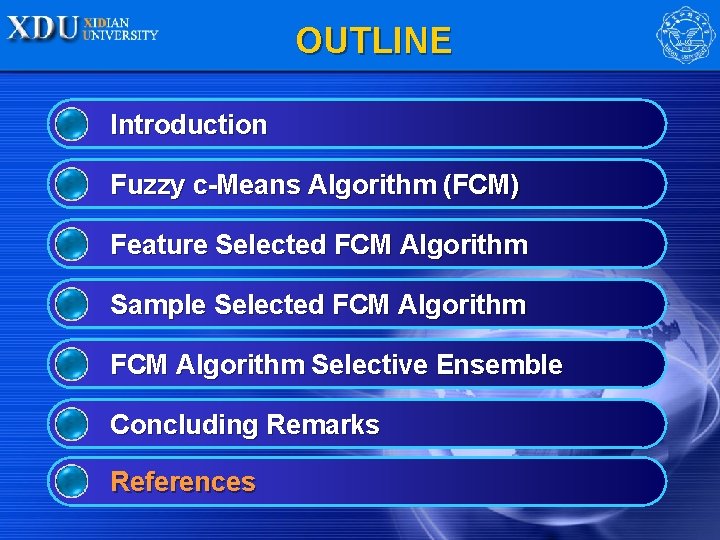 OUTLINE Introduction Fuzzy c-Means Algorithm (FCM) Feature Selected FCM Algorithm Sample Selected FCM Algorithm