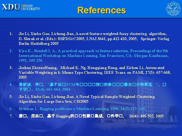 References 1. Jie Li, Xinbo Gao, Licheng Jiao, A novel feature weighted fuzzy clustering