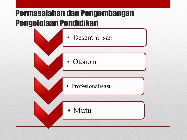 Permasalahan dan Pengembangan Pengelolaan Pendidikan • Desentralisasi • Otonomi • Profesionalisasi • Mutu 